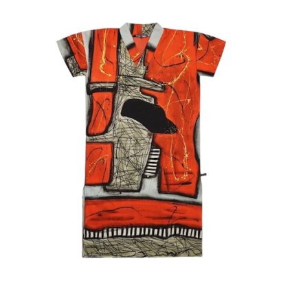 เดรสตัวยาวผู้หญิงคอกิโมโน-สีแดง : ลายแอปสแตรคสี่เหลี่ยมสีแดง พร้อมกราฟิกสีดำ