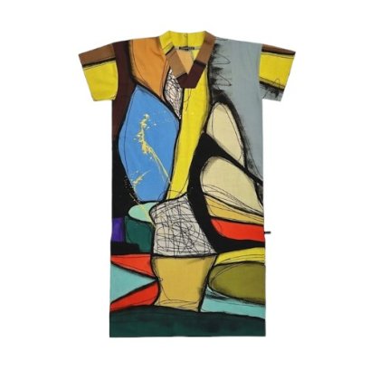 เดรสตัวยาวผู้หญิงคอกิโมโน-หลากสี : ลายแอปสแตรคบล็อกหินหลากสี