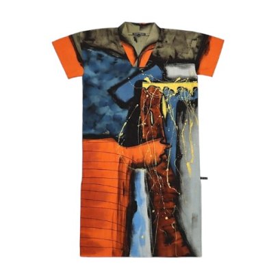 เดรสตัวยาวผู้หญิงคอกิโมโน-สีส้ม : ลายแอปสแตรคกราฟิกสีเขียว สีน้ำเงิน และสีส้ม