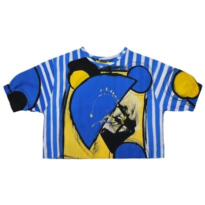 Woman Elastic Sleeve Blouse - Blue : Abstract blue with Yellow