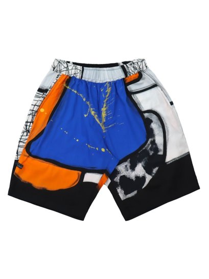 กางเกงขาสั้นผู้หญิง - สีเทา : ลายแอปสแตรค สีเหลี่ยมสีน้ำเงิน