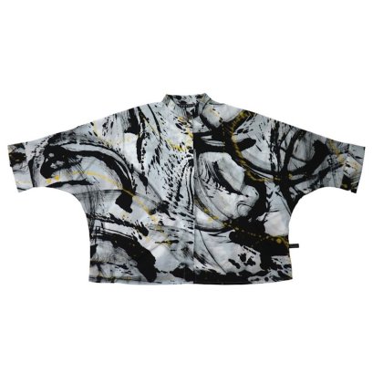 เสื้อเชิ้ตผู้หญิงปกคอจีนปีกค้างคาว - สีเทา : ลายเส้นแปรงสีดำ