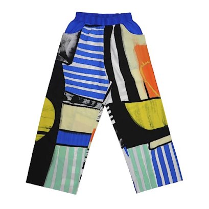 กางเกงลำลองขายาวผู้หญิง - สีน้ำเงิน : ลายลายแอปสแตรคเส้นหลากสี