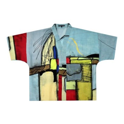 เสื้อคลุมกิโมโน - สีเทา : ลายกรอบแดง กับเส้นกริดอันเงียบงัน