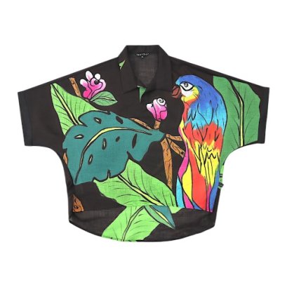 Women Casual  Batwing Blouse - Black : Rainbow Parrot Beneath the Tropical Canopy on Black