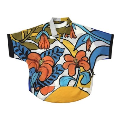 Women Casual  Batwing Blouse - Grey : Tropical Blooms in the Urban Sunlight