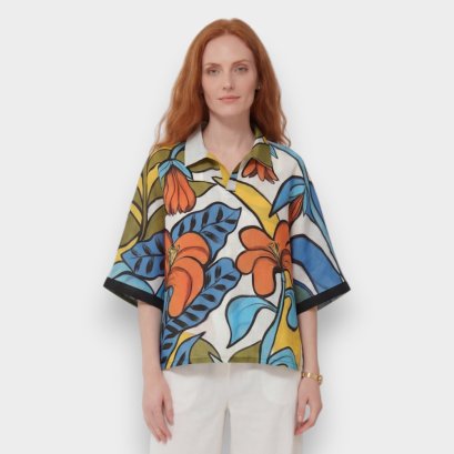 เสื้อปีกค้างคาวผู้หญิง - สีเทา : ลายดอกไม้กลางแสงเมืองร้อน