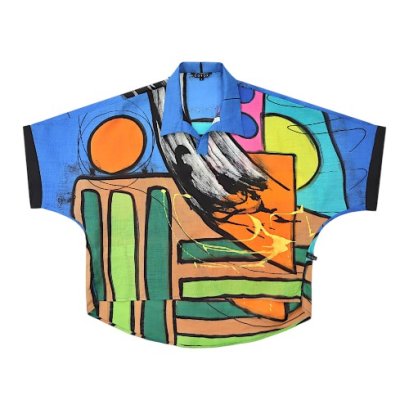 Women Casual  Batwing Blouse - Blue : Geometric Rhythm in Color