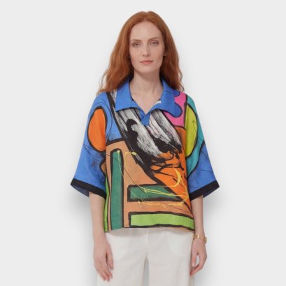 Women Casual  Batwing Blouse - Blue : Geometric Rhythm in Color