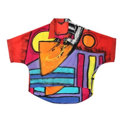 Women Casual  Batwing Blouse - Red : Geometric Rhythm in Color