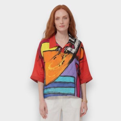 Women Casual  Batwing Blouse - Red : Geometric Rhythm in Color