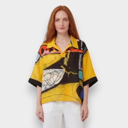 Women Casual  Batwing Blouse - Yellow : Dynamic Lines and Circles