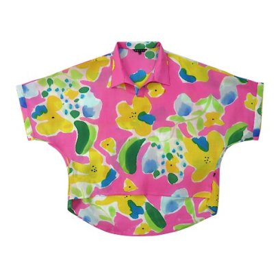 Women Casual  Batwing Blouse - Pink : Floral Rhythm on Pink Canvas