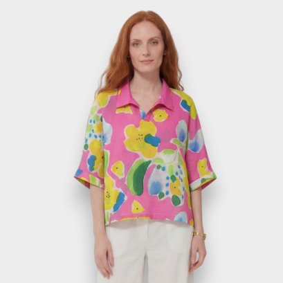 Women Casual  Batwing Blouse - Pink : Floral Rhythm on Pink Canvas