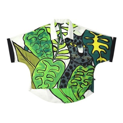 Women Casual  Batwing Blouse - White : Silent Leopard in the Leaves