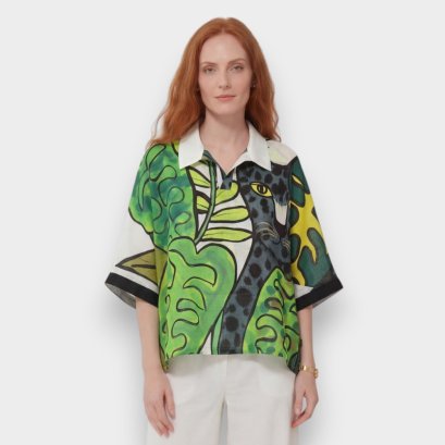 Women Casual  Batwing Blouse - White : Silent Leopard in the Leaves