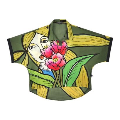 Women Casual  Batwing Blouse - Green : Linework Lady with Tulips on Green