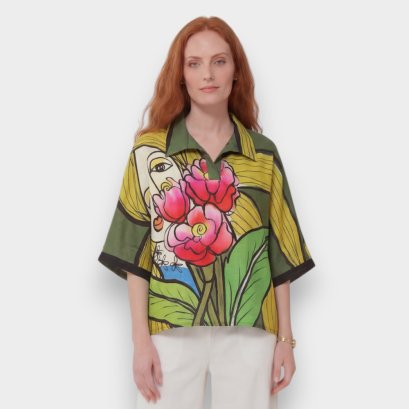 Women Casual  Batwing Blouse - Green : Linework Lady with Tulips on Green