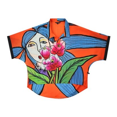 Women Casual  Batwing Blouse - Orange : Linework Lady with Tulips on Orange