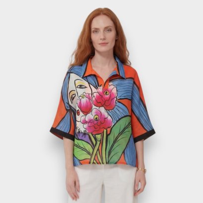 Women Casual  Batwing Blouse - Orange : Linework Lady with Tulips on Orange