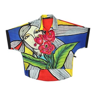 Women Casual  Batwing Blouse - Multicolor : Linework Lady with Tulips on Multicolor