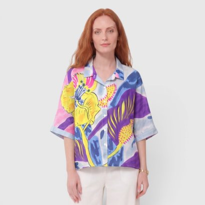 Women Casual  Batwing Blouse - Blue : The Tropical Exotic Bloom
