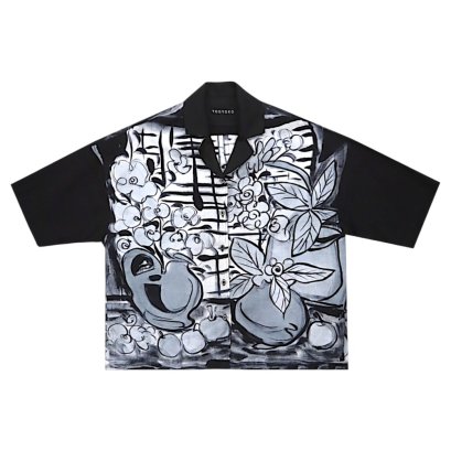 เสื้อเชิ้ตฮาวายผู้หญิง - สีดำ : ลายเส้นแจกันภาพฝันโมโนโครม