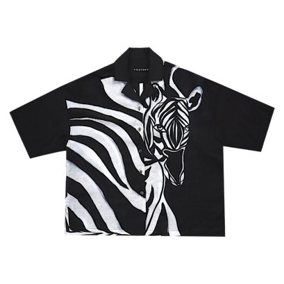 เสื้อเชิ้ตฮาวายผู้หญิง - สีดำ : ลายอัตลักษณ์ม้าลายรัตติกาล