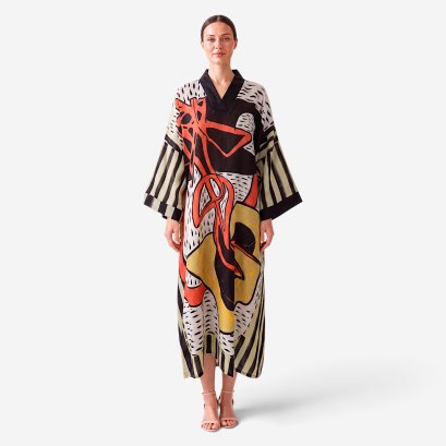 Kaftan Long Sleeve V-Kimono - Black : Swirling Orange &amp; Monochrome Dot Motif
