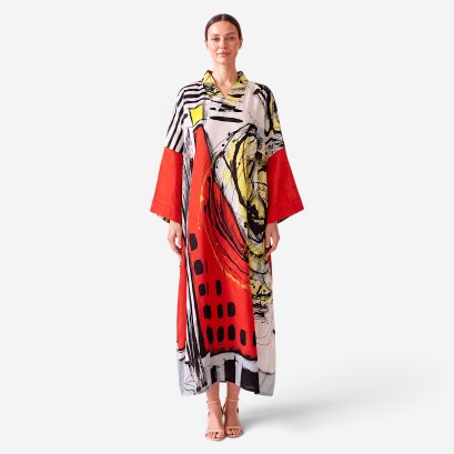 Kaftan Long Sleeve V-Kimono - Red : Abstract Red & Inked Swirls