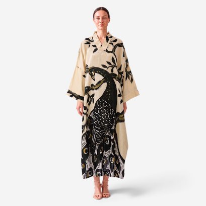 Kaftan Long Sleeve V-Kimono - Cream :  Black Peacock Majestic Solitude