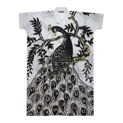 Kaftan Dress - Grey : Elegant black peacock on a golden branch