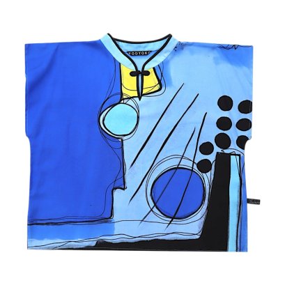 เสื้อครอปคอจีนผู้หญิง - สีฟ้า : ลายประสานศิลป์เส้นสายสีน้ำเงิน
