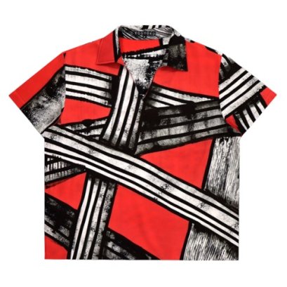 Woman Blouse - Red : Interlacing of Black Stripes