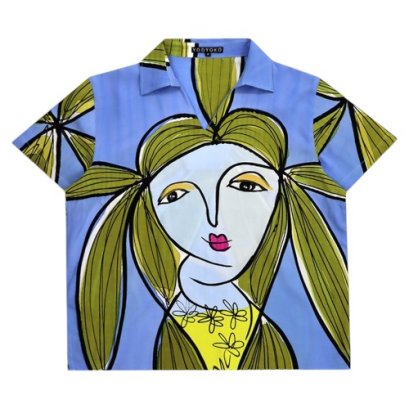 Woman Blouse - Blue : Woman Elegance with Green Hair