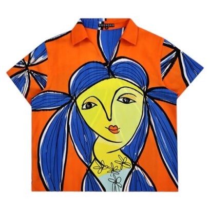 Woman Blouse - Orange : Woman Elegance with Blue Hair