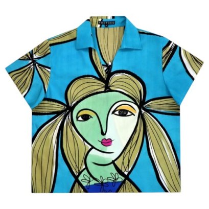 Woman Blouse - Blue : Woman Elegance with Green Hair