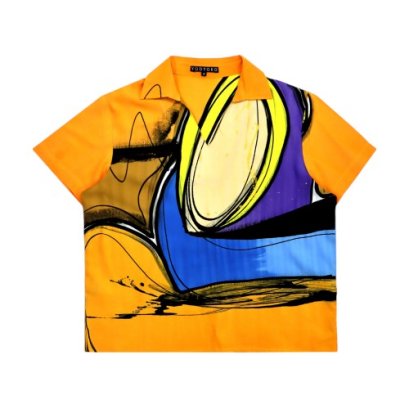 เสื้อผู้หญิงคอปก - สีเหลือง : ลายวงพลังสีบนพื้นส้ม