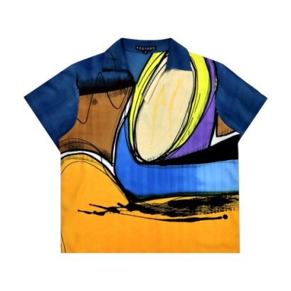 เสื้อผู้หญิงคอปก - สีน้ำเงิน : ลายวงพลังสีบนพื้นน้ำเงินทอง
