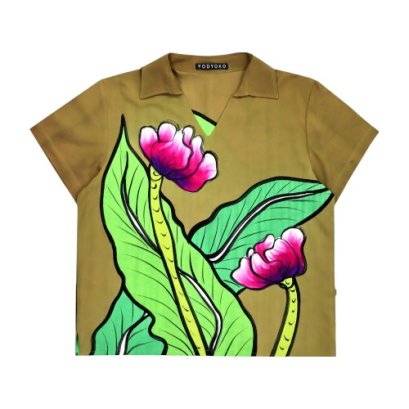 เสื้อผู้หญิงคอปก - สีเขียว : ลายดอกทิวลิปในสวนเขียวทอง
