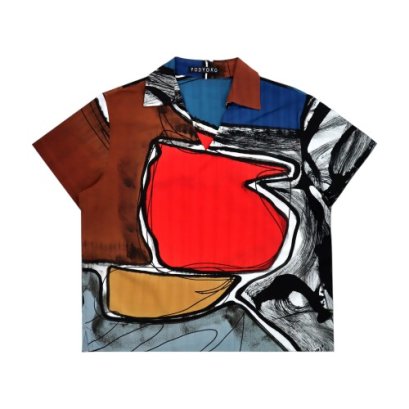 เสื้อผู้หญิงคอปก - สีน้ำตาล : ลายพลังแดงในกรอบสีน้ำตาล