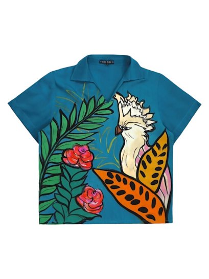 Woman Blouse - Green : Pink cockatoo in the Amazon Forest