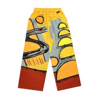 Woman Relax Pants - Yellow : Abstract yellow half circle with black brush strokes