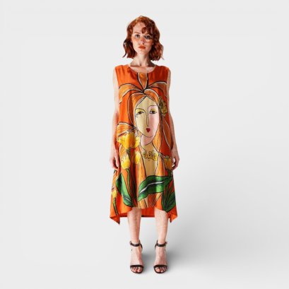 เดรสสีส้ม : ลายผู้หญิงกับดอกไม้สีเหลือง