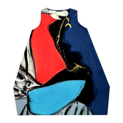 Woman Sleeveless Dress - Blue :Red and blue stone block graphics on black smoke.