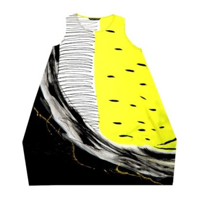 Woman Sleeveless Dress - Yellow : Black circle line graphic with black and white abstract brush strokes on a  yellow background.