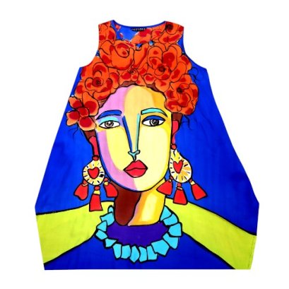 Woman Sleeveless Dress - Blue :  Frida Kahlo wearing a flower crown with red earrings and a blue stone necklace on a blue background.