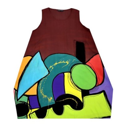 Woman Sleeveless Dress - Brown : multicolor shapes to form a dynamic pattern, set against a deep brown