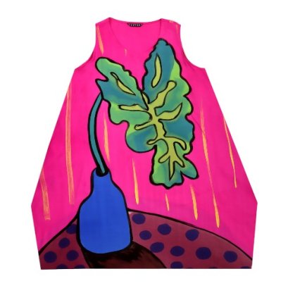 เดรสผู้หญิง-สีชมพู : ลายอโลคาเซียหูช้างในกระถางสีน้ำเงิน