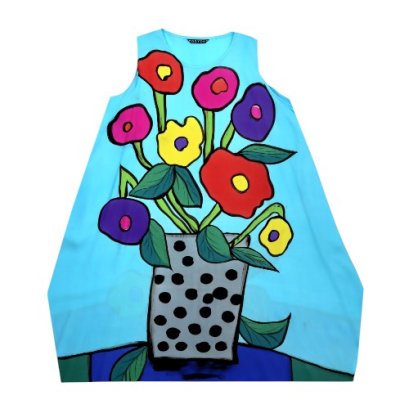 เดรสผู้หญิง-สีฟ้า : ลายดอกคอสมอสหลากสีสันบานอยู่ในกระถางลายจุด